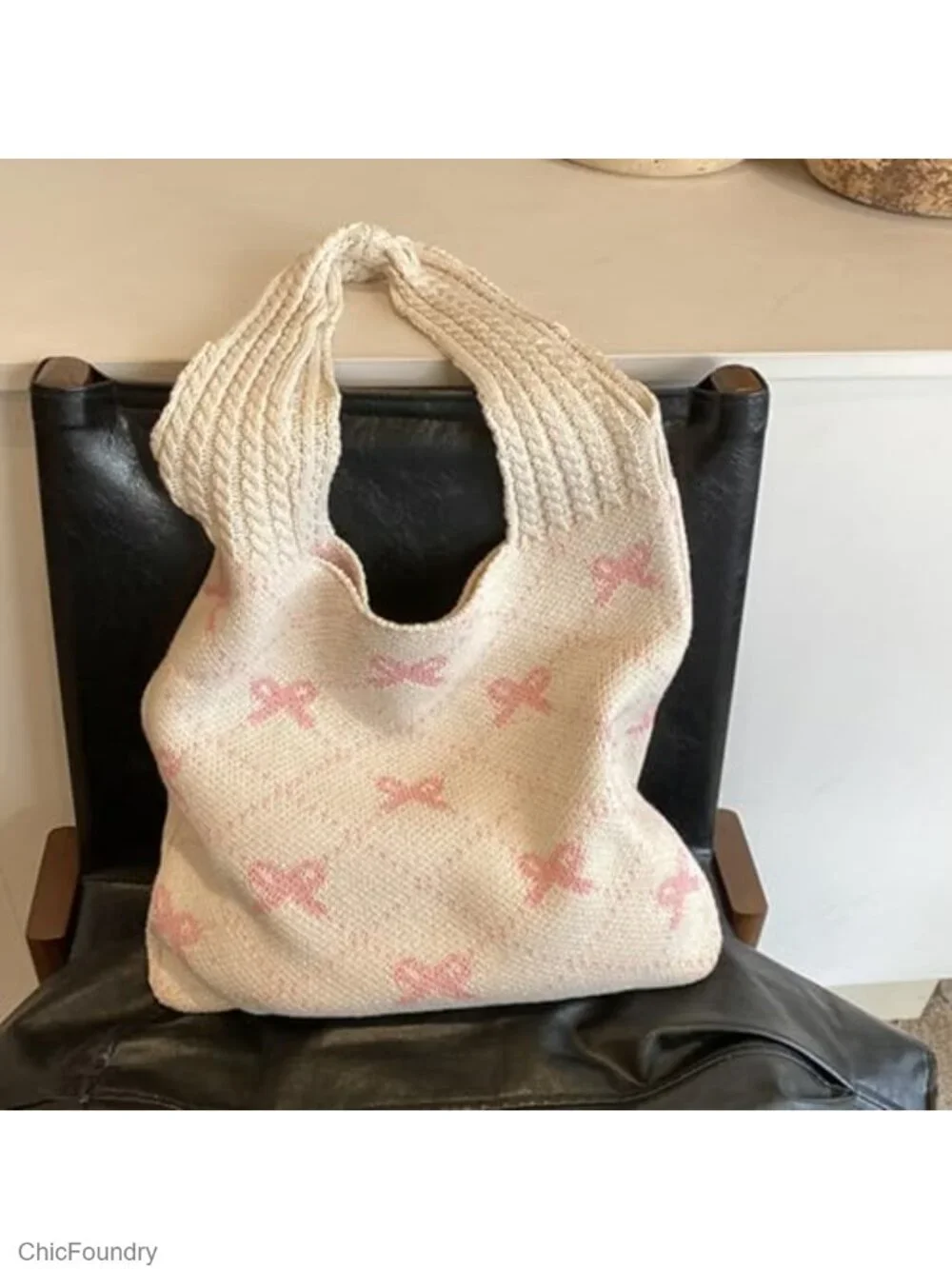 Crochet Beach Tote Bag Coquette Bow Boho Knit Shoulder Purse Vacation Handbag